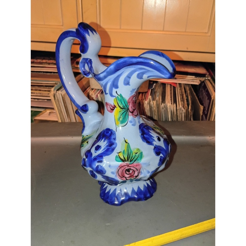 VTG Vestel Alcobaco Pottery Portugal  Water Pitcher, Blue With Flowers 8" 1036